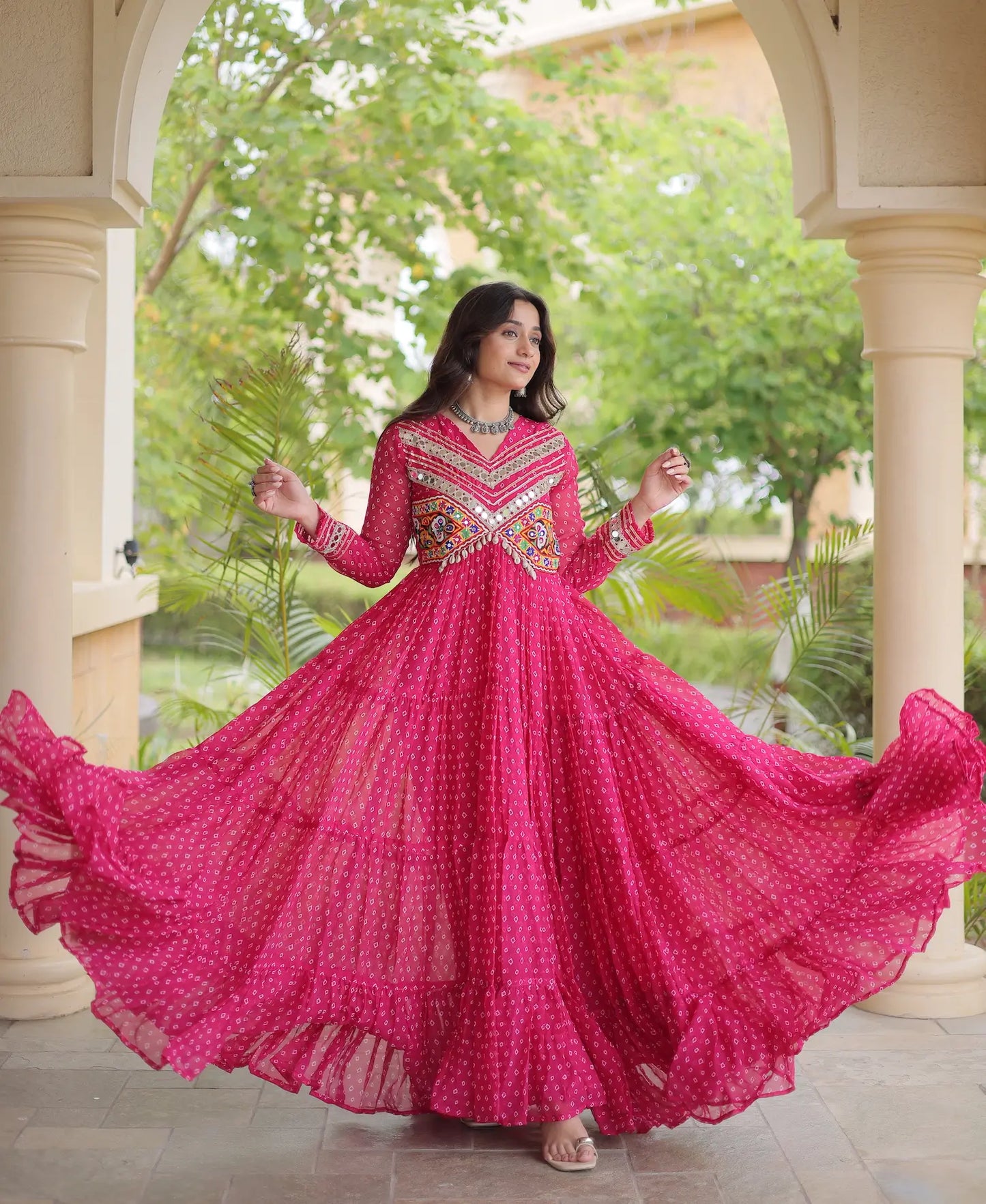 Pink Navratri Gown With Bandhani Print & Gamthi Patch Work