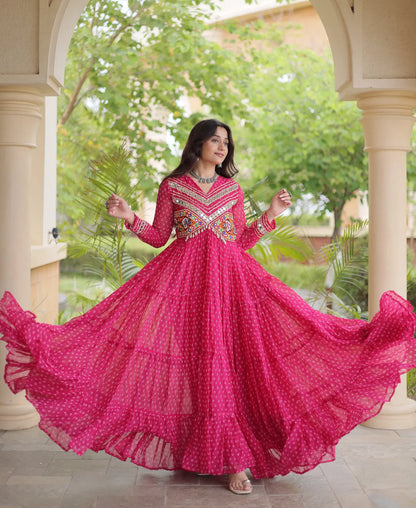 Pink Navratri Gown With Bandhani Print & Gamthi Patch Work