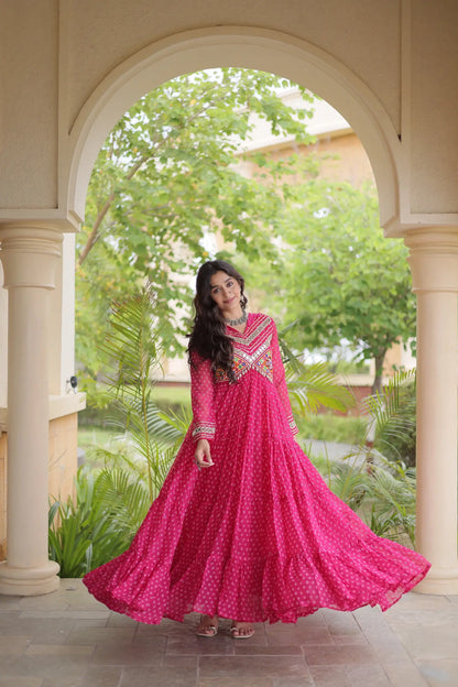 Pink Navratri Gown With Bandhani Print & Gamthi Patch Work