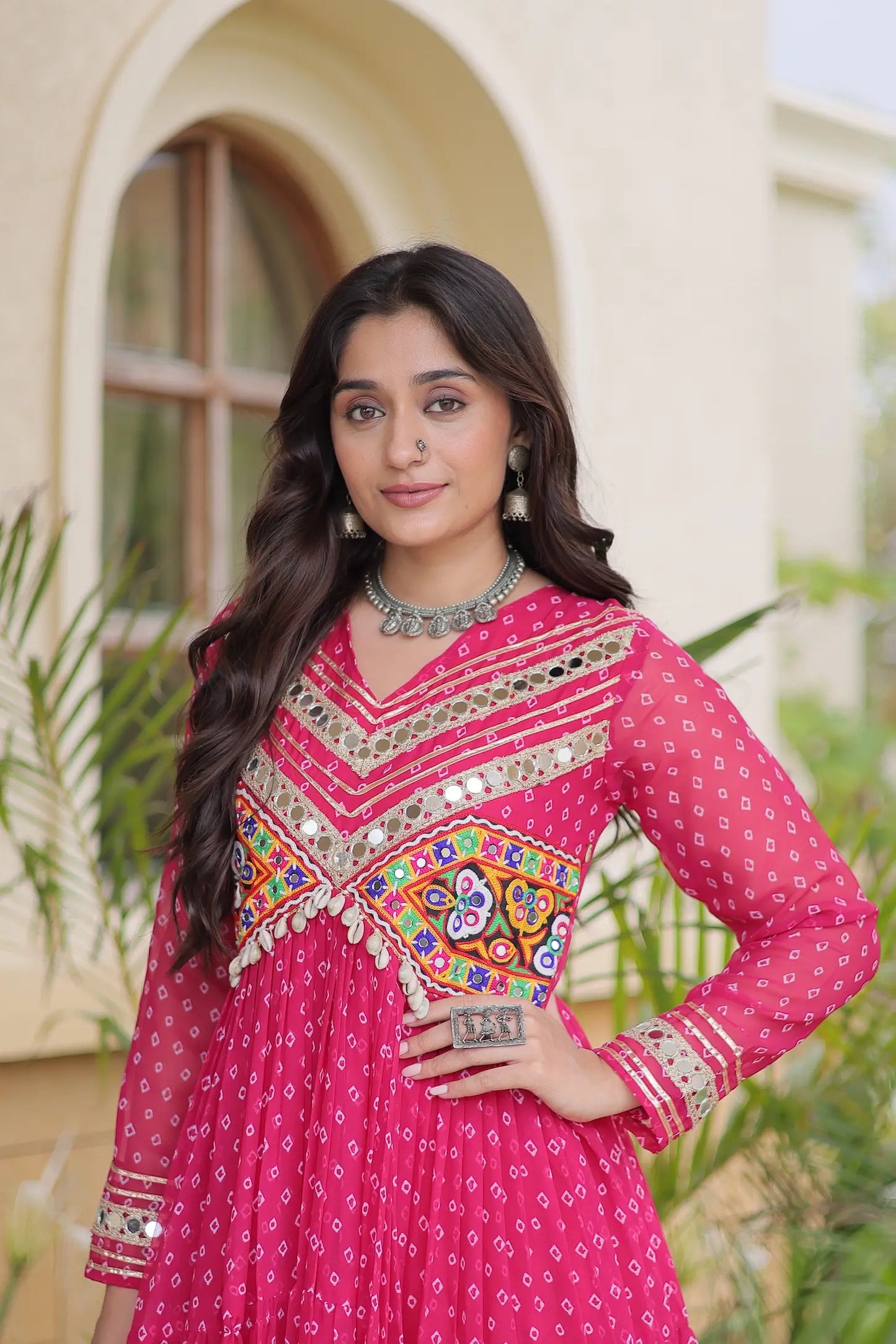 Pink Navratri Gown With Bandhani Print & Gamthi Patch Work