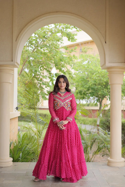 Pink Navratri Gown With Bandhani Print & Gamthi Patch Work