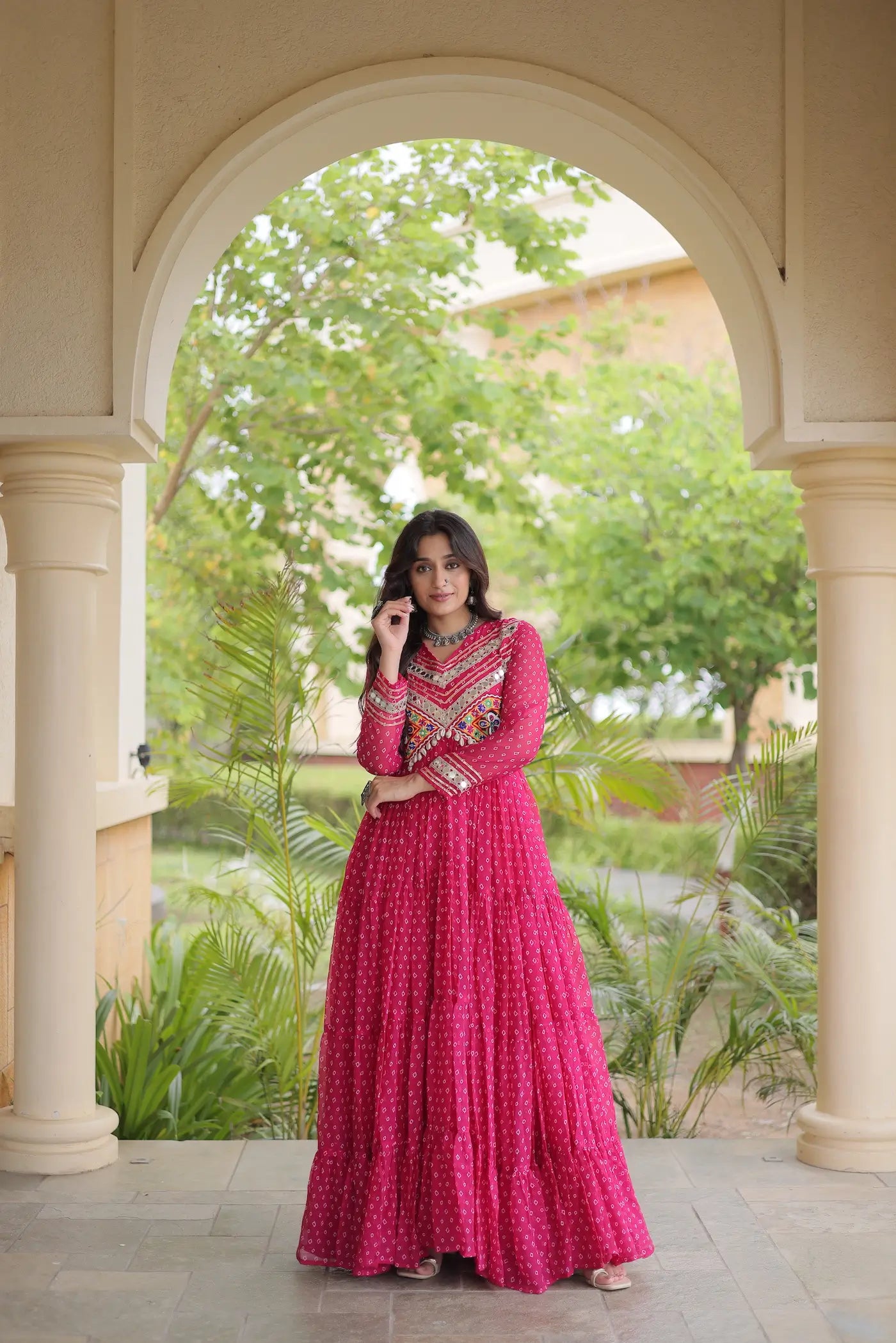 Pink Navratri Gown With Bandhani Print & Gamthi Patch Work