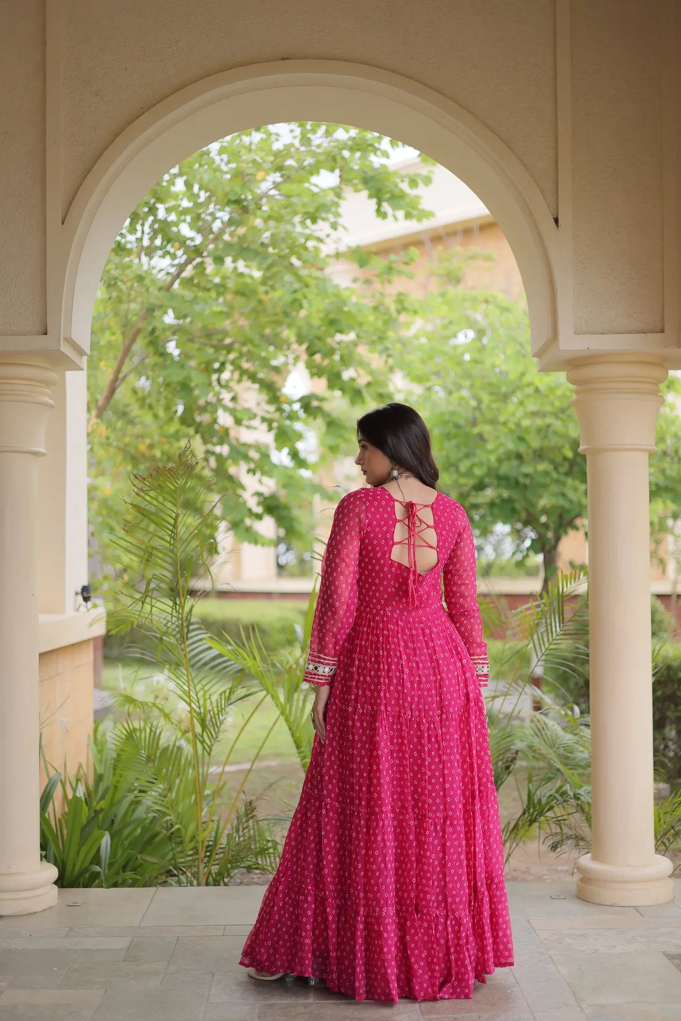 Pink Navratri Gown With Bandhani Print & Gamthi Patch Work