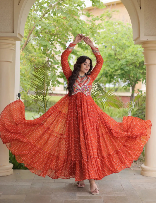 Orange Navratri Gown With Bandhani Print & Gamthi Patch Work