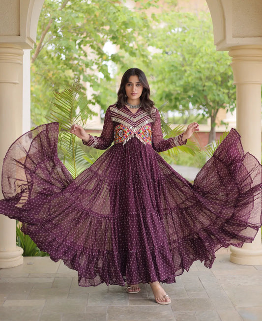 Wine Navratri Gown With Bandhani Print & Gamthi Patch Work