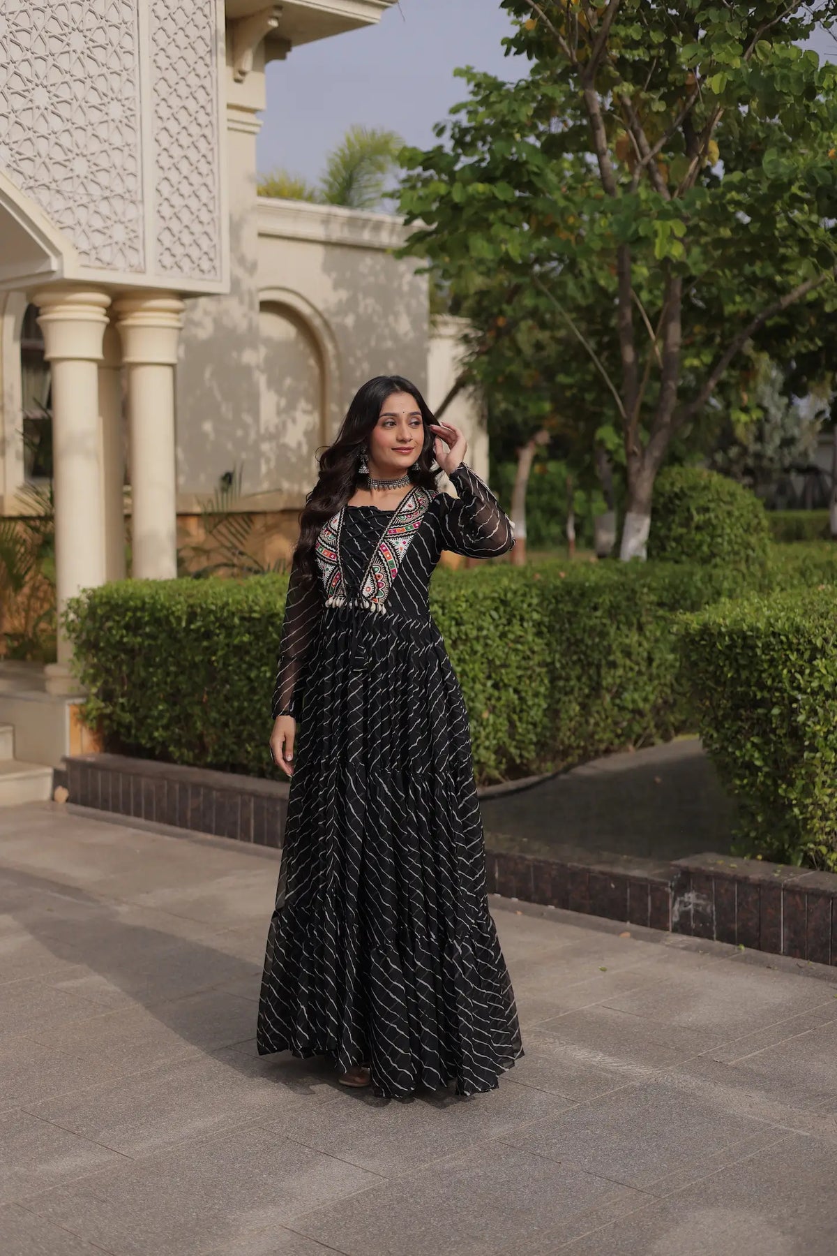 Black Navratri Gown With Print & Gamthi Patch Work