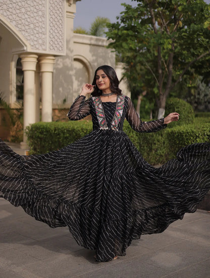 Black Navratri Gown With Print & Gamthi Patch Work