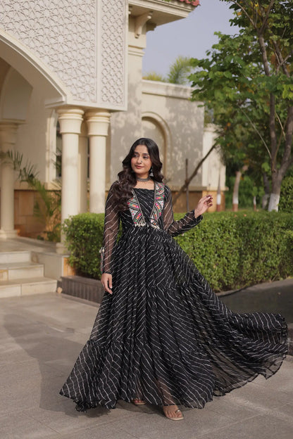 Black Navratri Gown With Print & Gamthi Patch Work