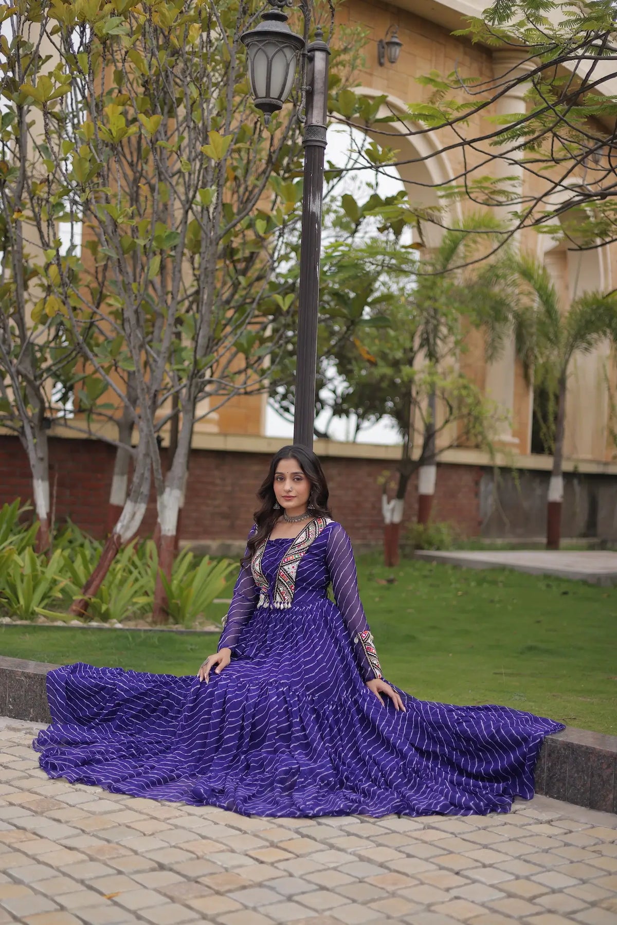 Blue Navratri Gown With Print & Gamthi Patch Work