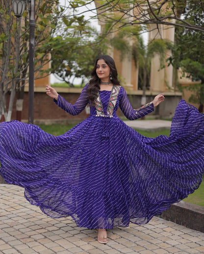 Blue Navratri Gown With Print & Gamthi Patch Work