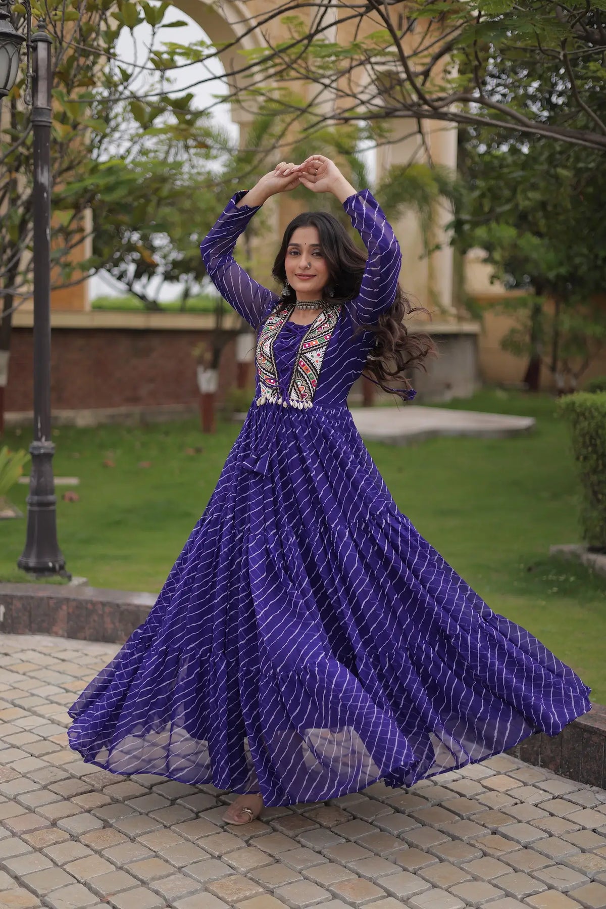 Blue Navratri Gown With Print & Gamthi Patch Work