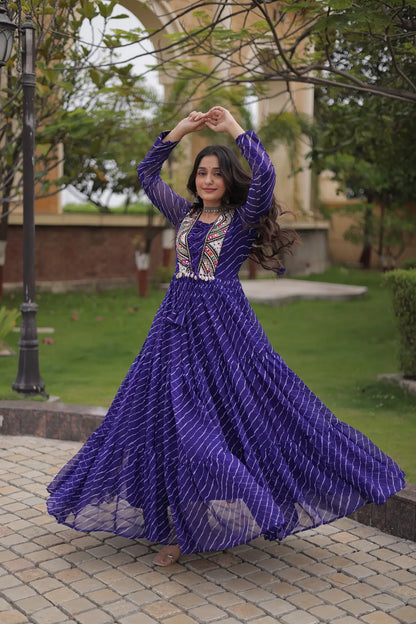 Blue Navratri Gown With Print & Gamthi Patch Work