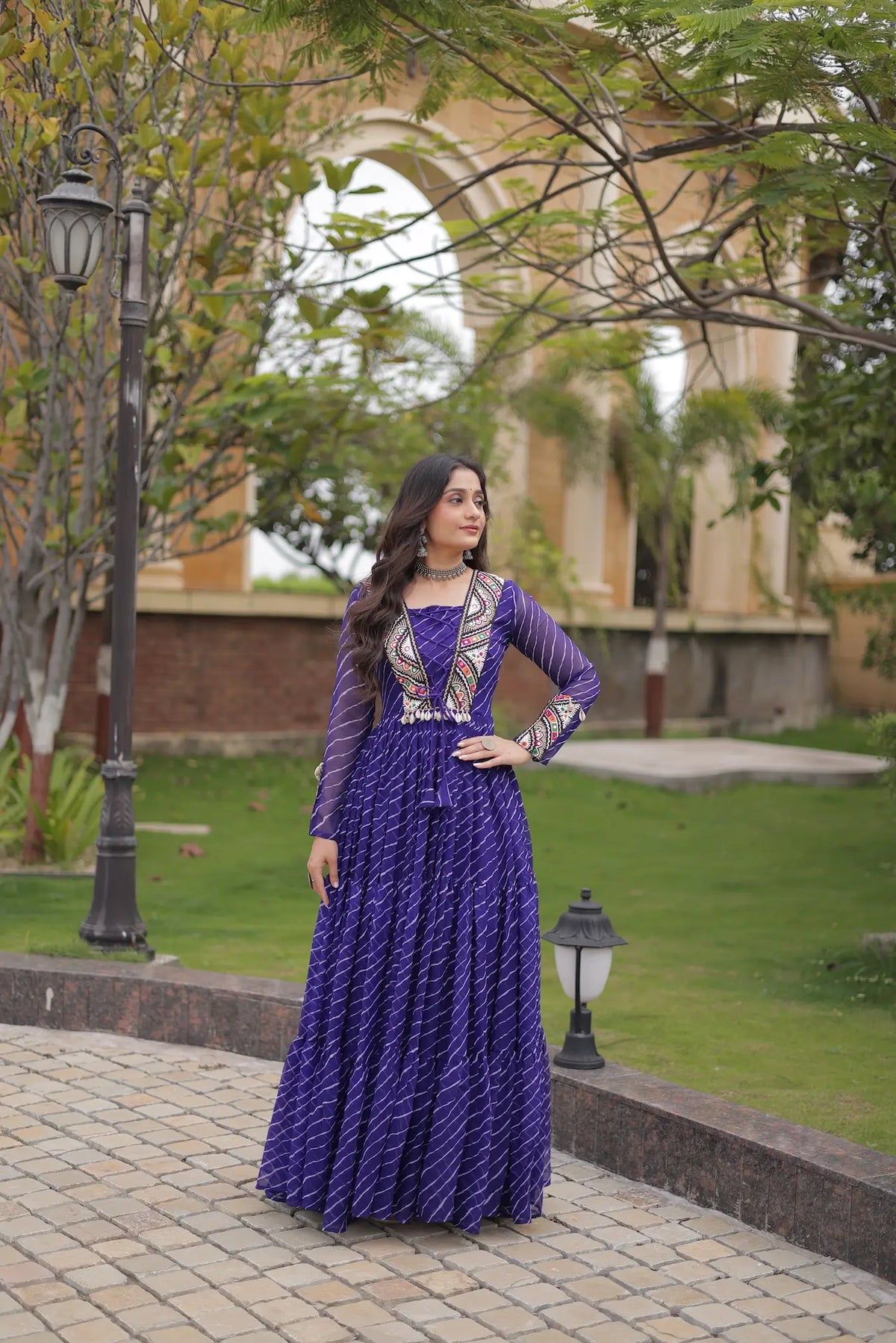 Blue Navratri Gown With Print & Gamthi Patch Work