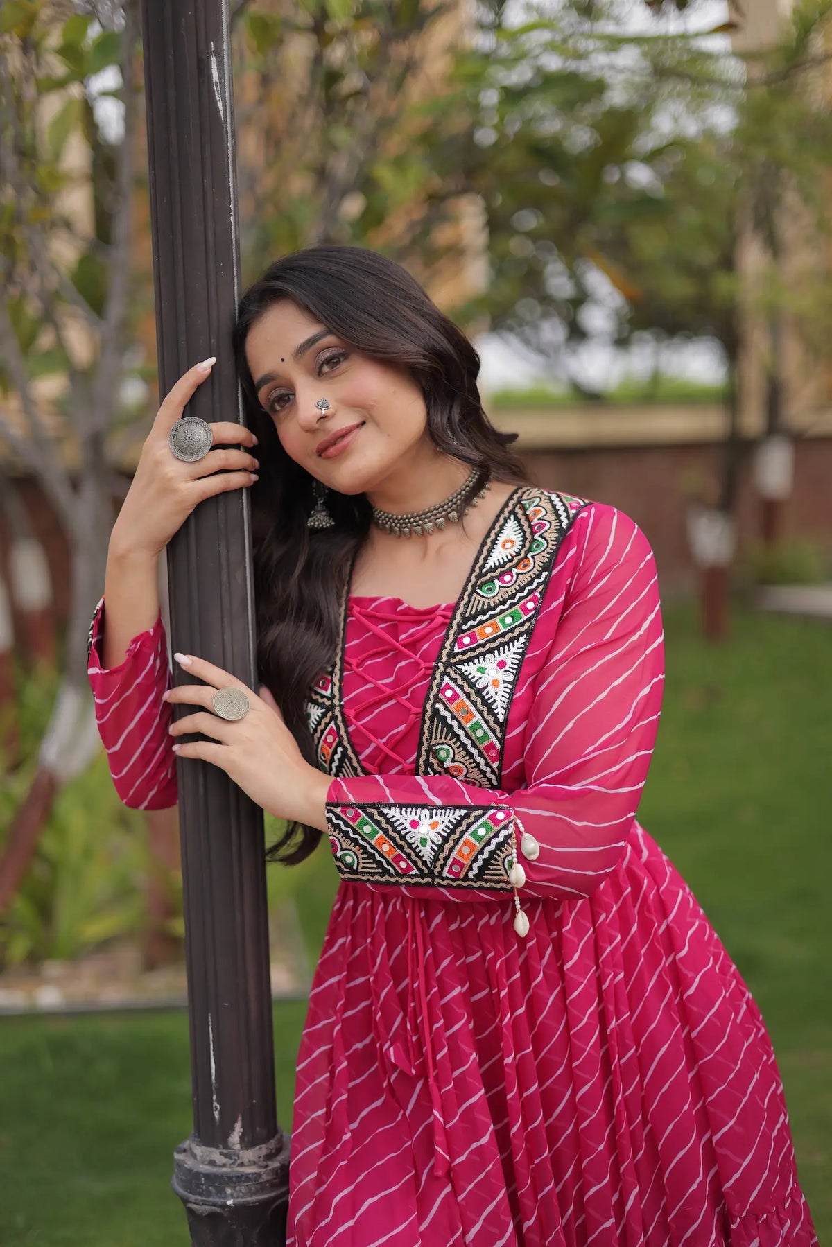 Pink Navratri Gown With Print & Gamthi Patch Work