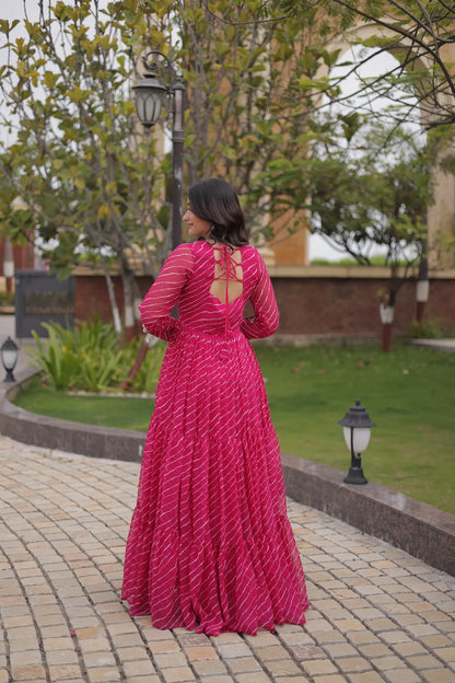 Pink Navratri Gown With Print & Gamthi Patch Work