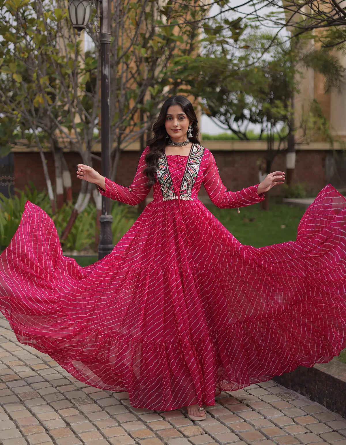 Pink Navratri Gown With Print & Gamthi Patch Work