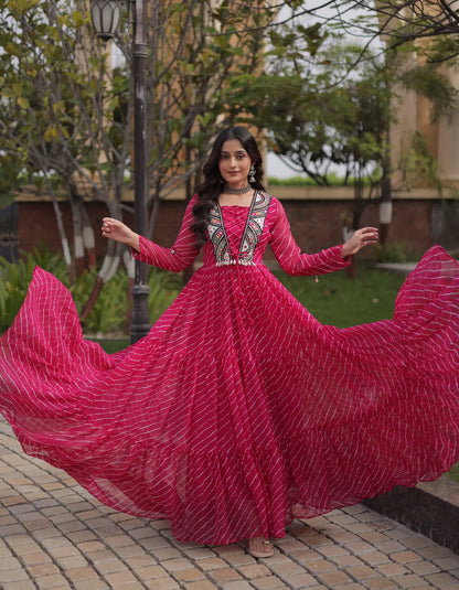 Pink Navratri Gown With Print & Gamthi Patch Work