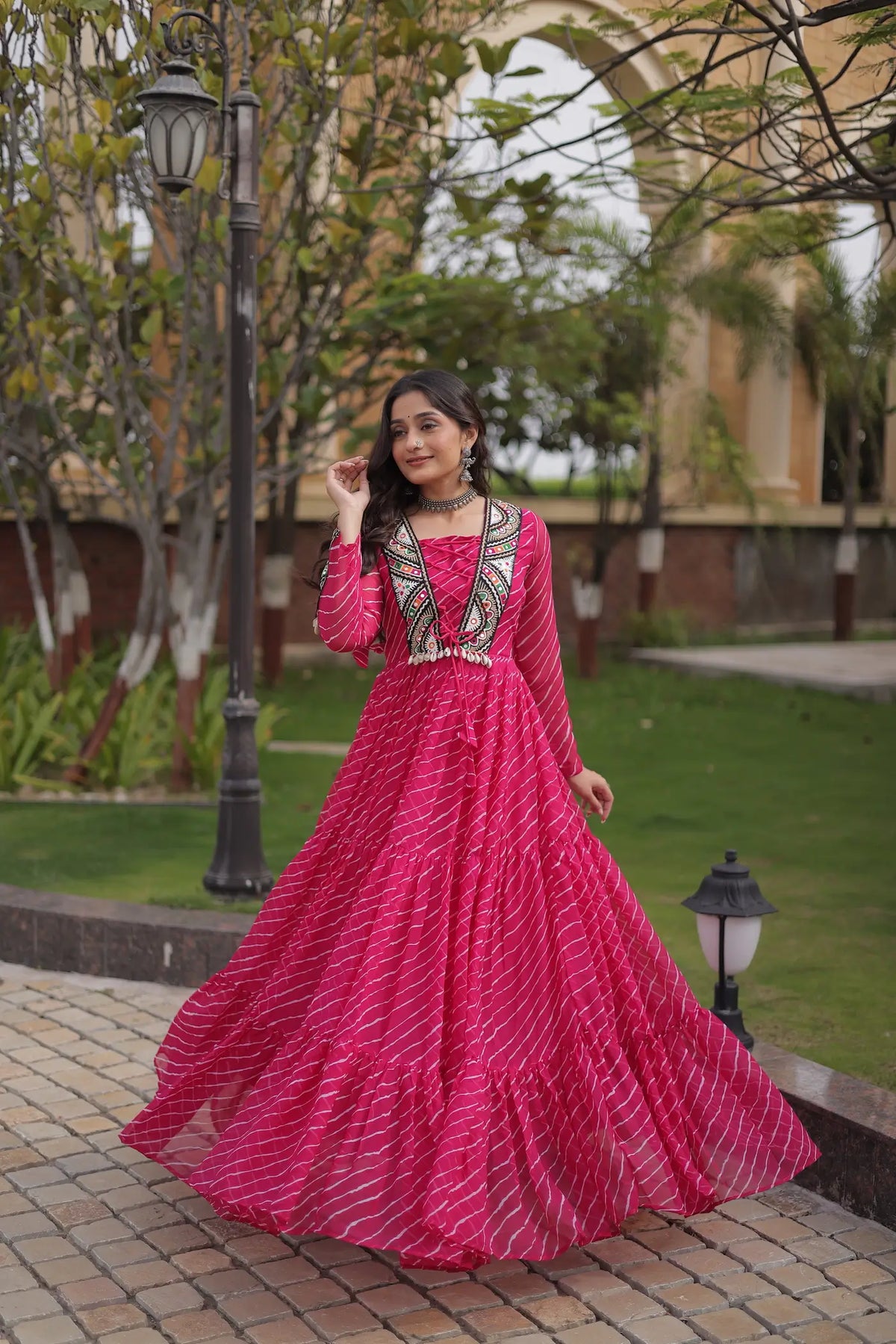Pink Navratri Gown With Print & Gamthi Patch Work