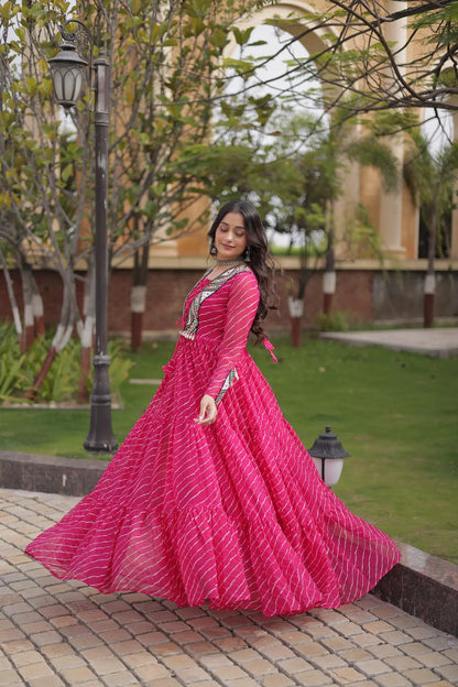 Pink Navratri Gown With Print & Gamthi Patch Work