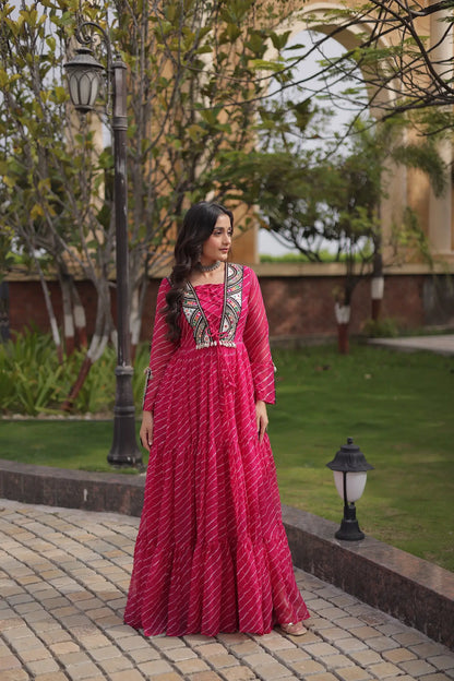 Pink Navratri Gown With Print & Gamthi Patch Work