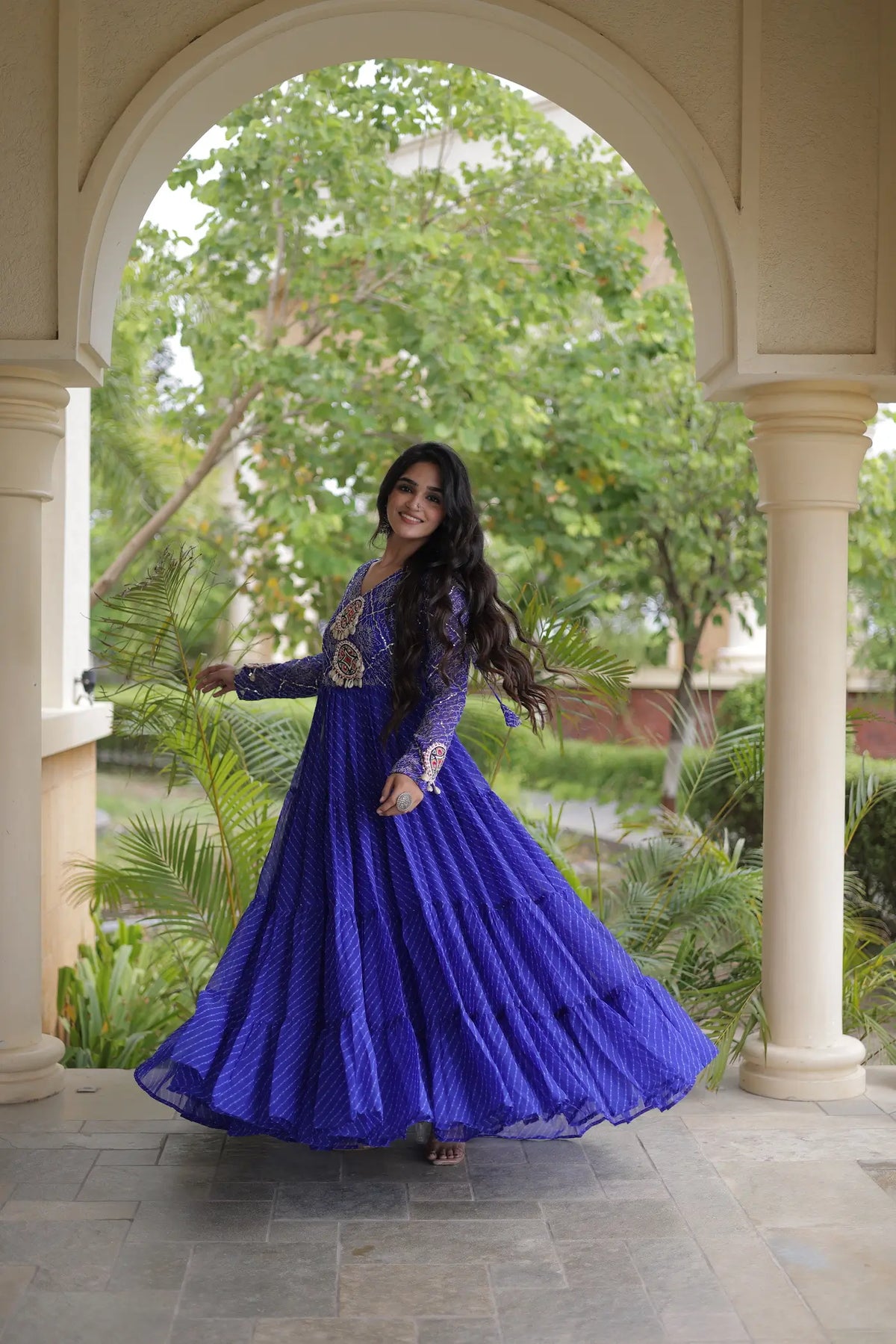 Blue Navratri Gown With Leheriya Print & Gamthi Patch Work
