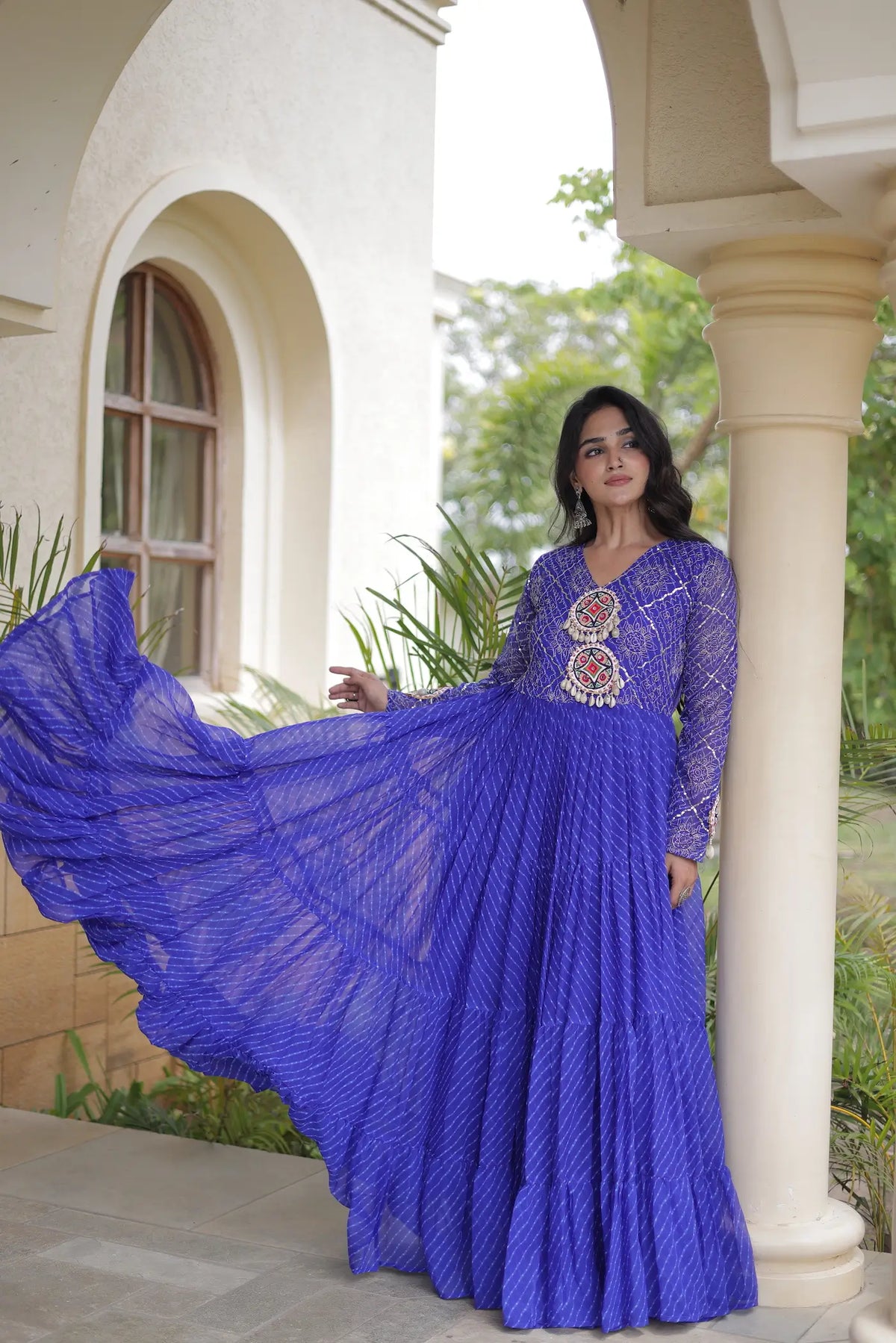 Blue Navratri Gown With Leheriya Print & Gamthi Patch Work
