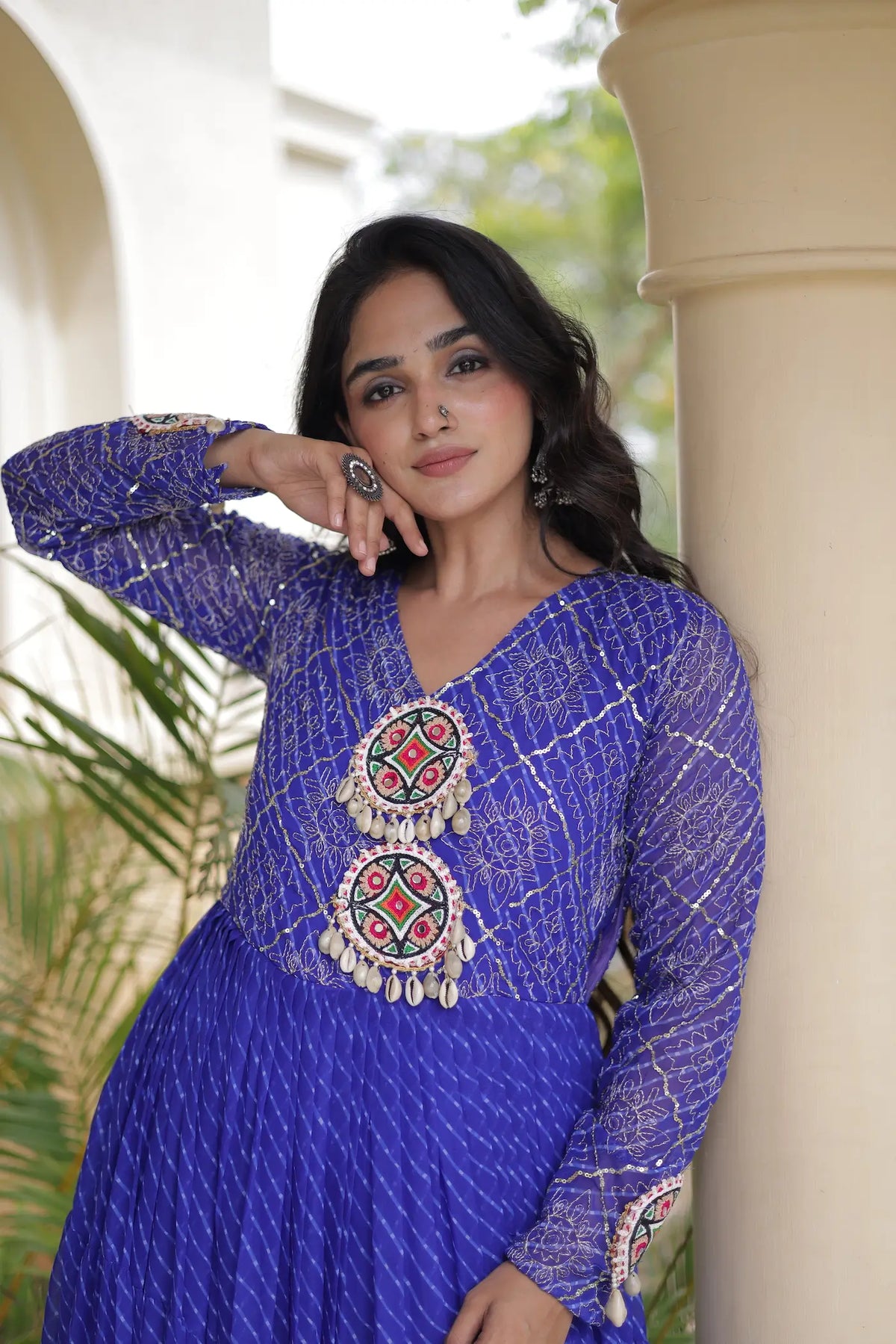 Blue Navratri Gown With Leheriya Print & Gamthi Patch Work