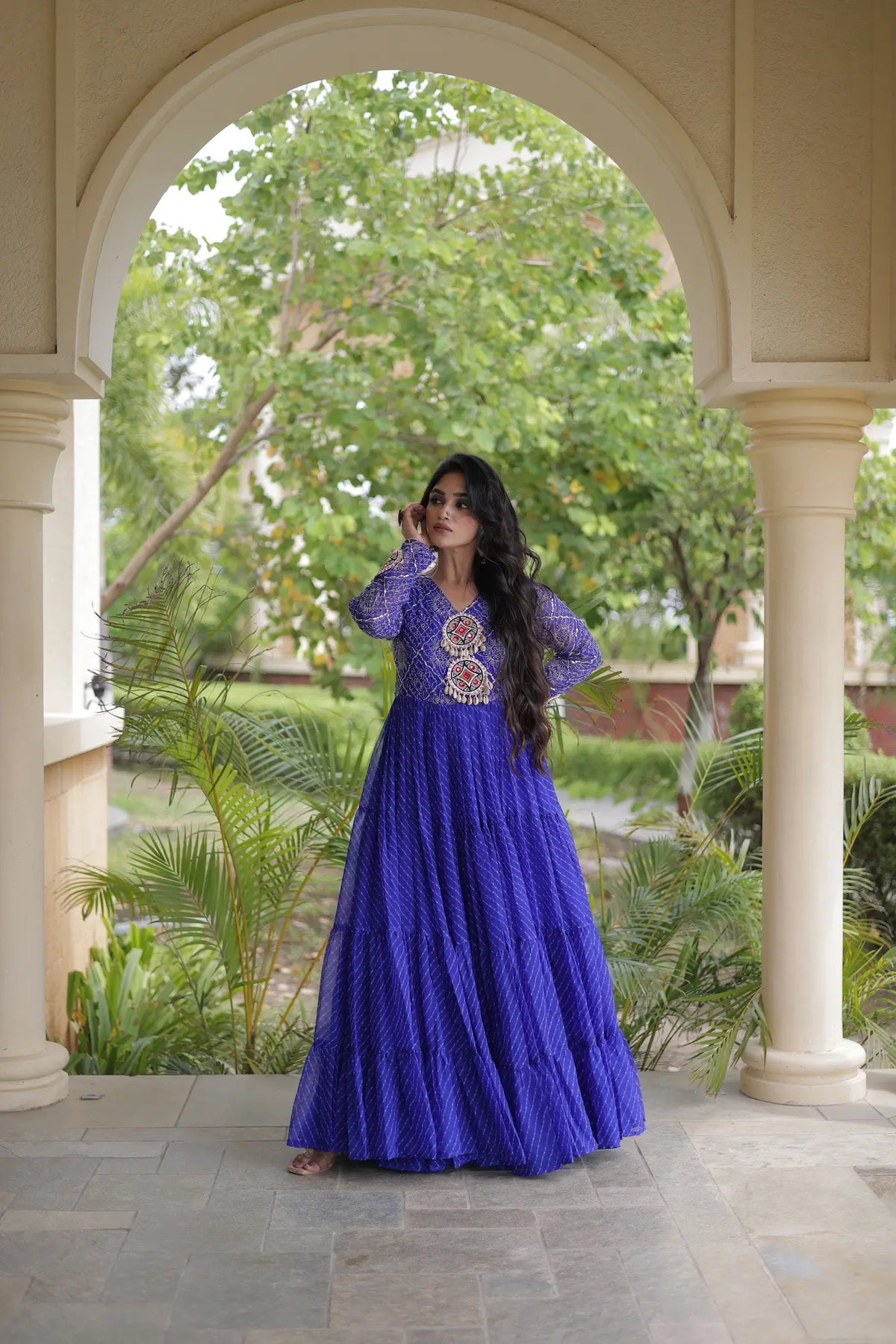 Blue Navratri Gown With Leheriya Print & Gamthi Patch Work