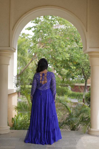 Blue Navratri Gown With Leheriya Print & Gamthi Patch Work