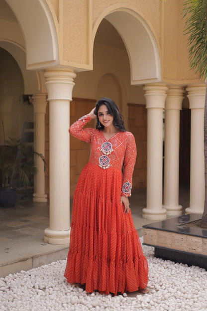 Rust Navratri Gown With Leheriya Print & Gamthi Patch Work