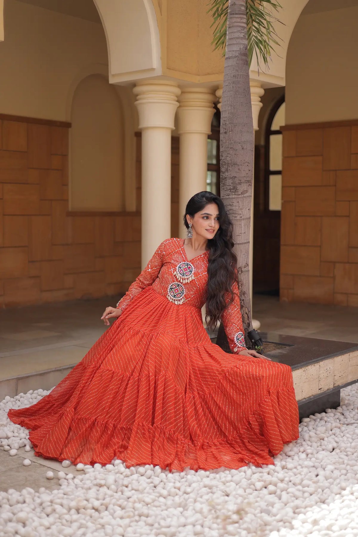 Rust Navratri Gown With Leheriya Print & Gamthi Patch Work