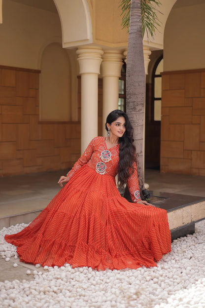 Rust Navratri Gown With Leheriya Print & Gamthi Patch Work