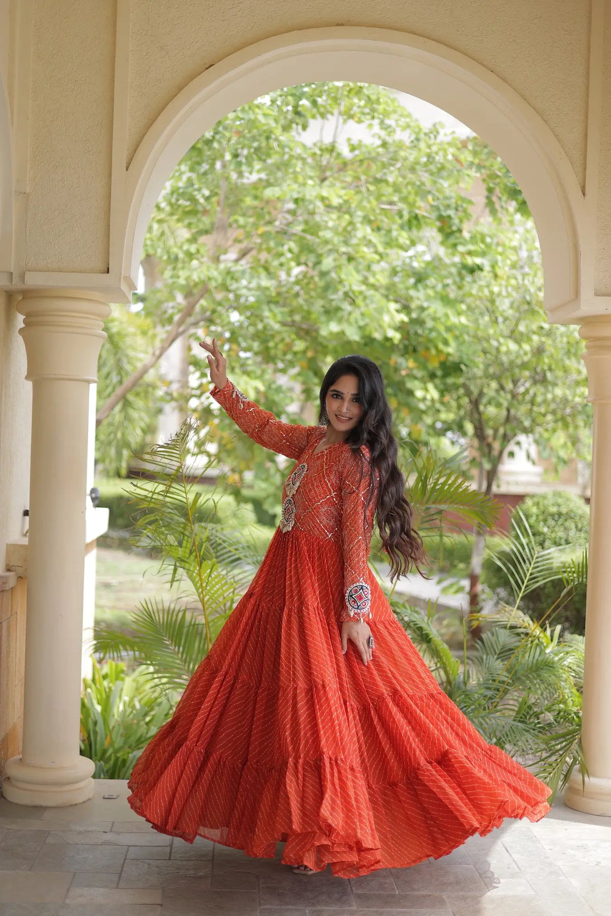 Rust Navratri Gown With Leheriya Print & Gamthi Patch Work