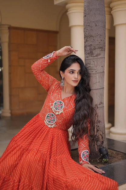 Rust Navratri Gown With Leheriya Print & Gamthi Patch Work