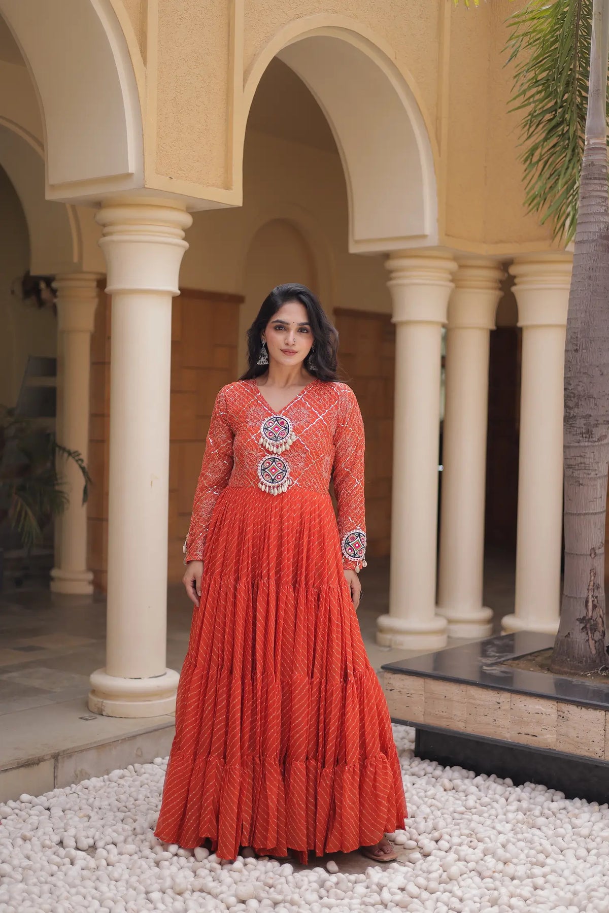 Rust Navratri Gown With Leheriya Print & Gamthi Patch Work