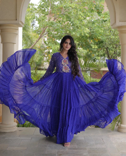 Blue Navratri Gown With Leheriya Print & Gamthi Patch Work