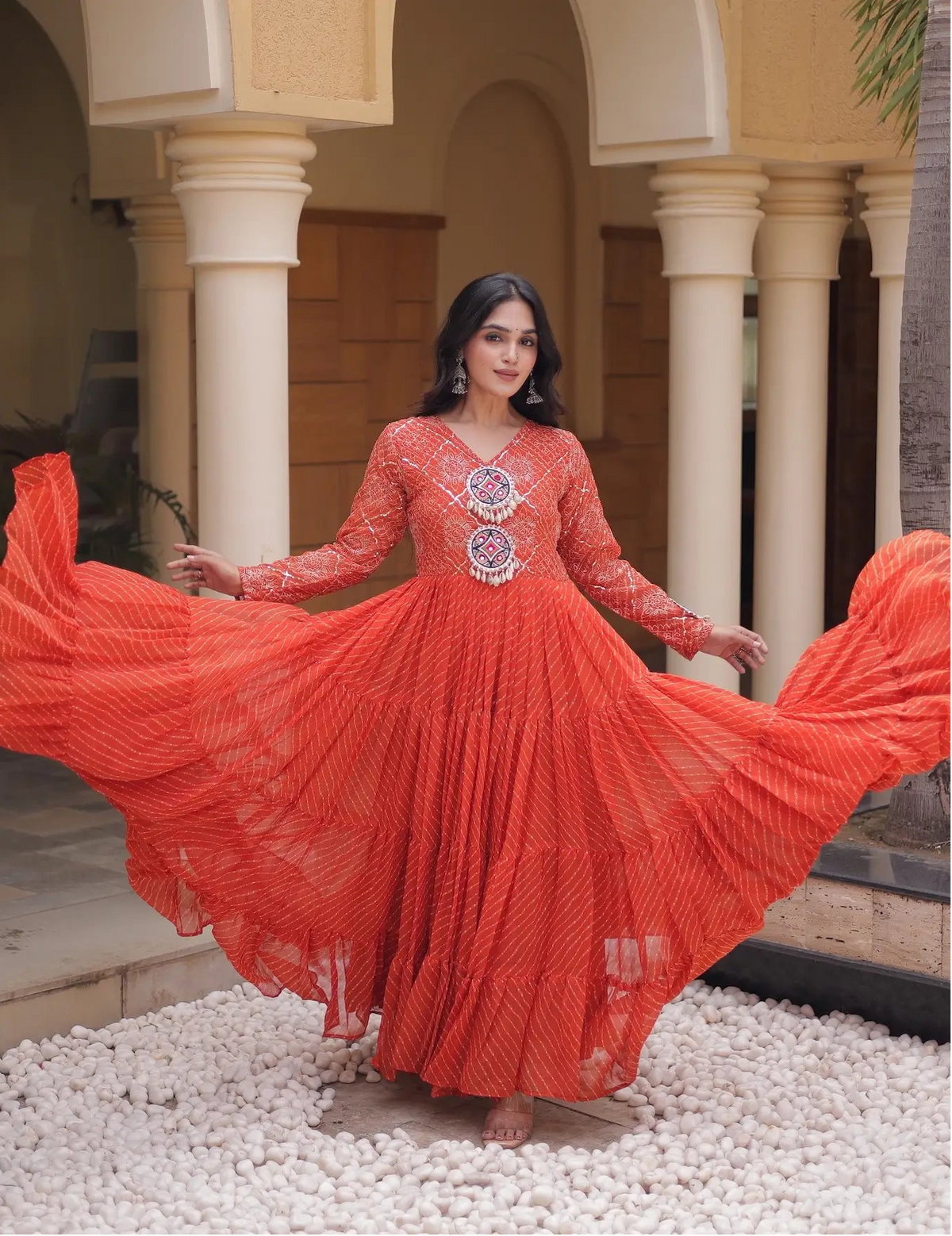 Rust Navratri Gown With Leheriya Print & Gamthi Patch Work