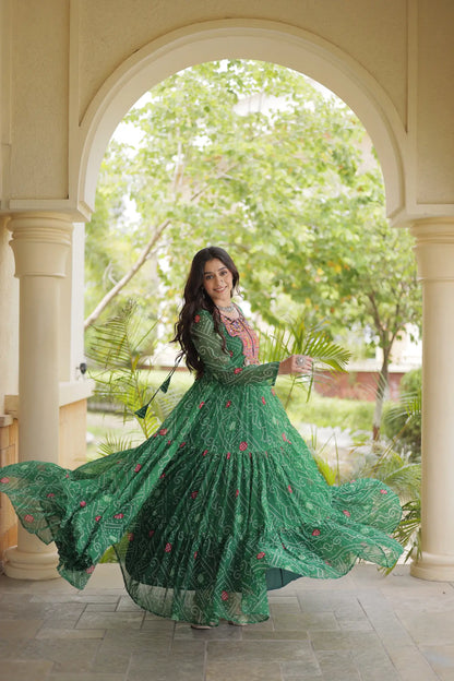 Green Gamthi Work & Printed Navratri Gown