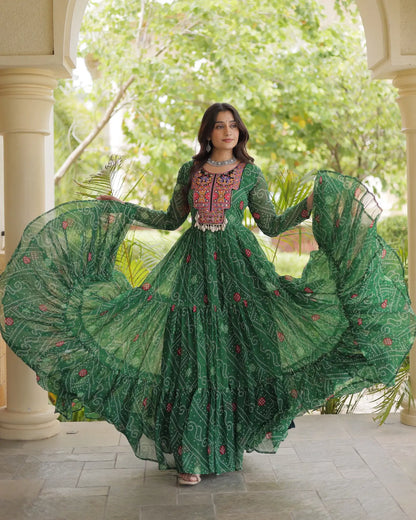 Green Gamthi Work & Printed Navratri Gown