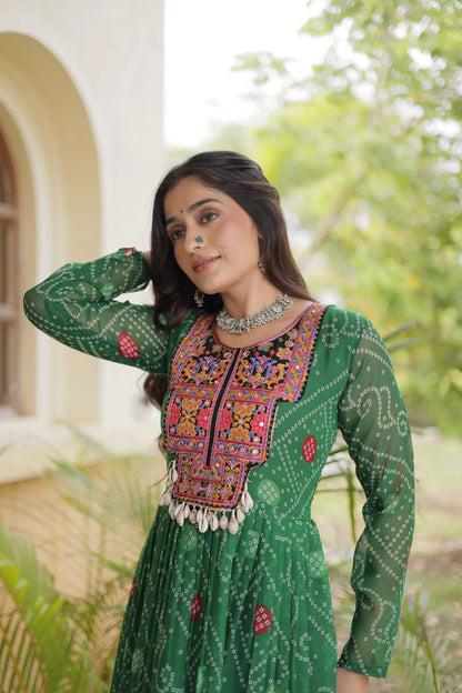 Green Gamthi Work & Printed Navratri Gown
