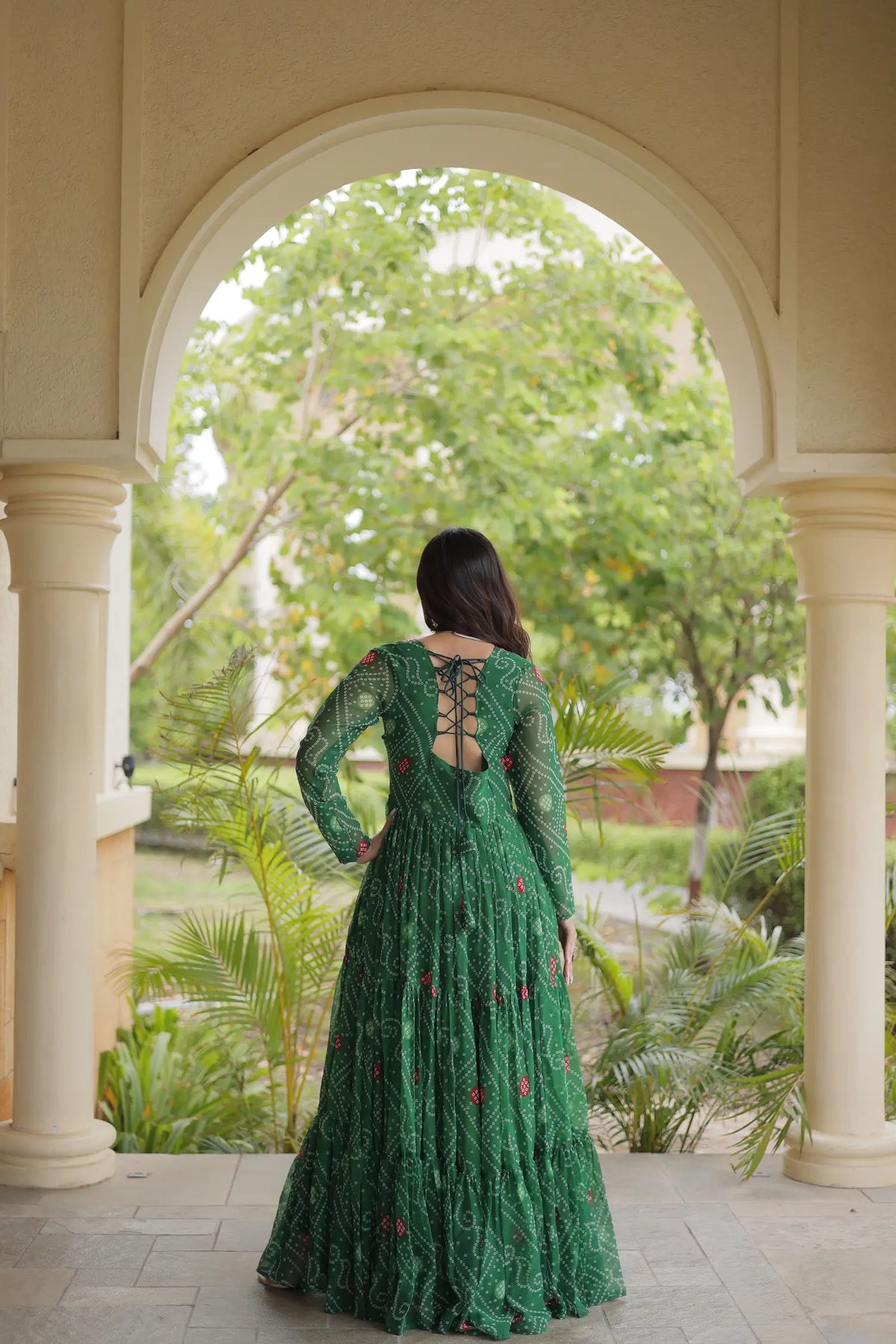 Green Gamthi Work & Printed Navratri Gown