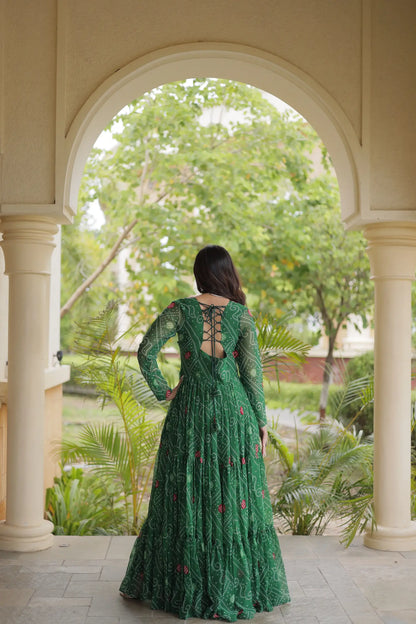 Green Gamthi Work & Printed Navratri Gown
