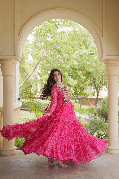 Pink Gamthi Work & Printed Navratri Gown
