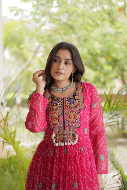 Pink Gamthi Work & Printed Navratri Gown