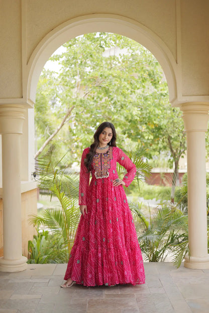 Pink Gamthi Work & Printed Navratri Gown