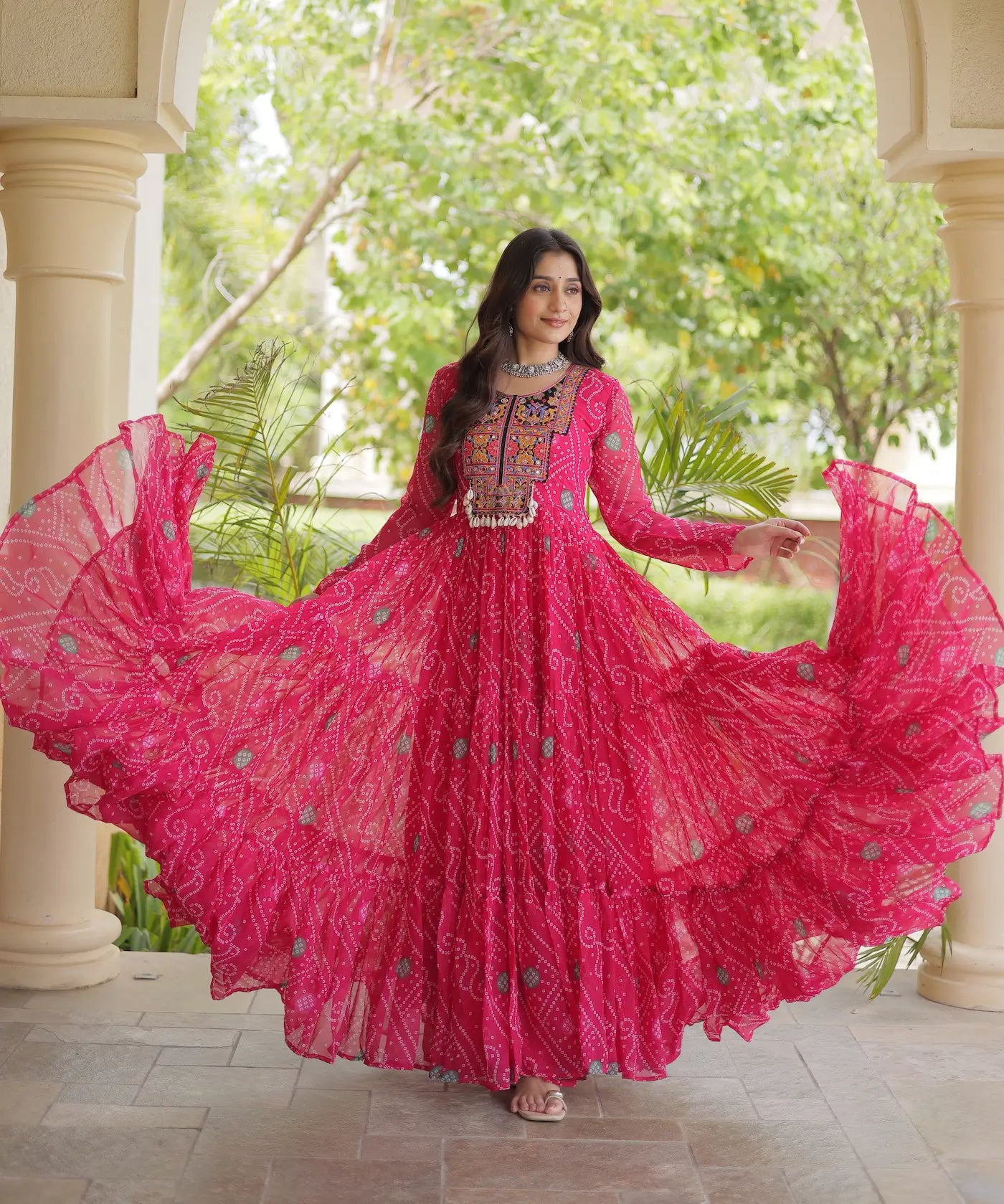 Pink Gamthi Work & Printed Navratri Gown