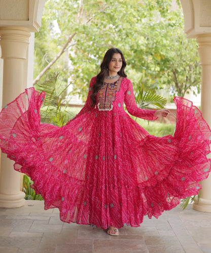 Pink Gamthi Work & Printed Navratri Gown
