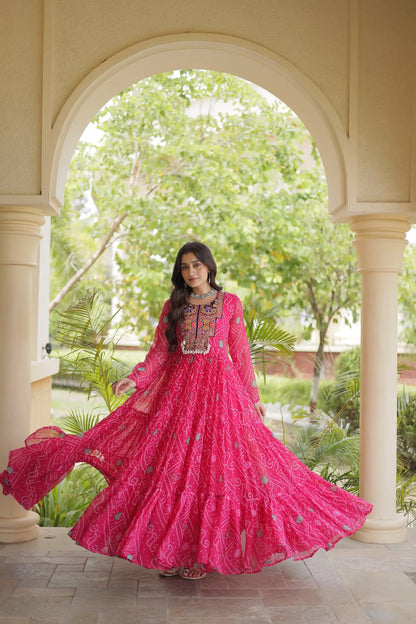 Pink Gamthi Work & Printed Navratri Gown