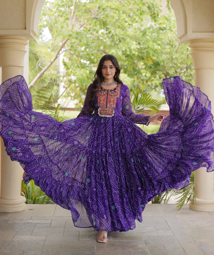 Purple Gamthi Work & Printed Navratri Gown