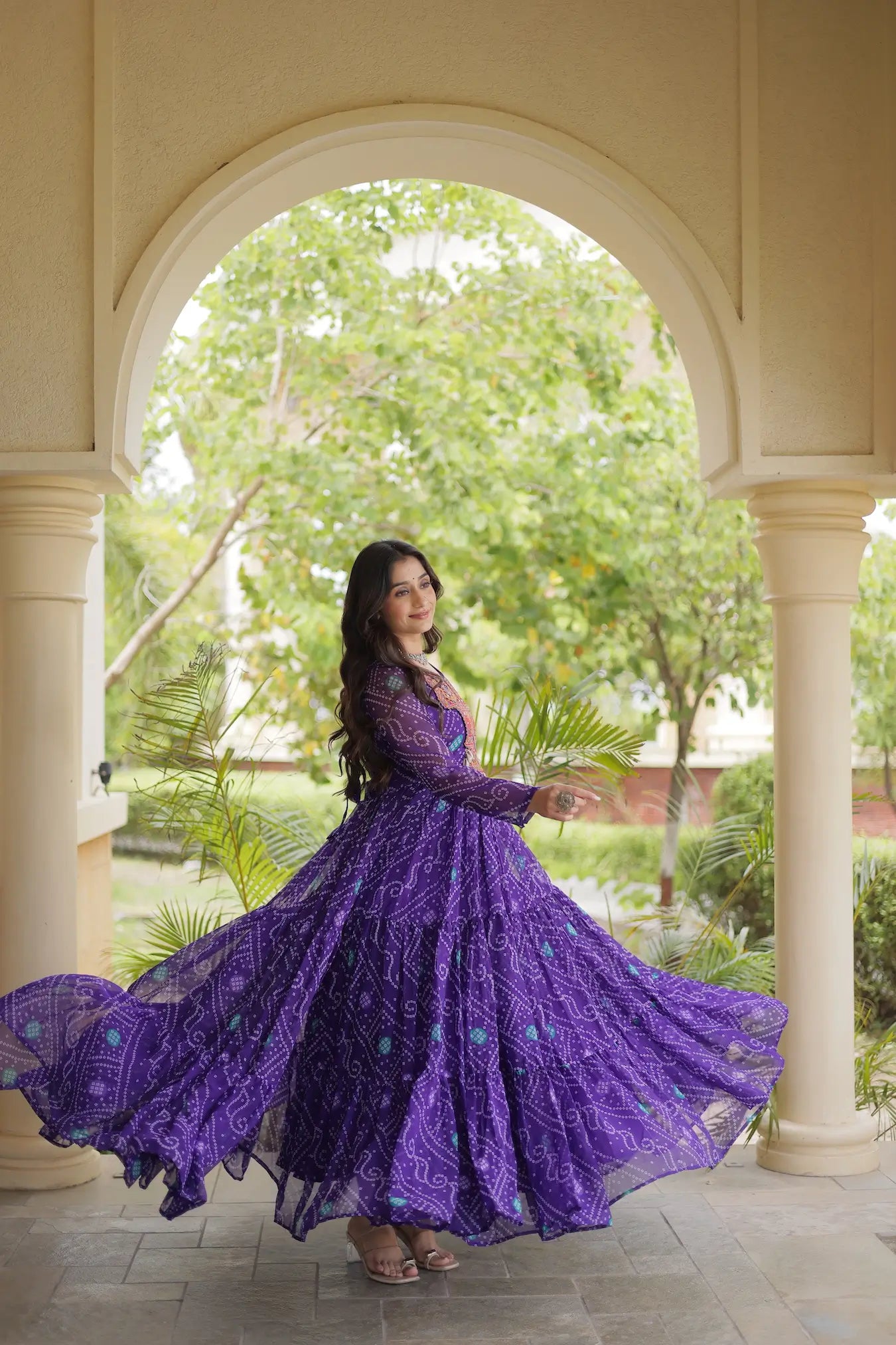 Purple Gamthi Work & Printed Navratri Gown